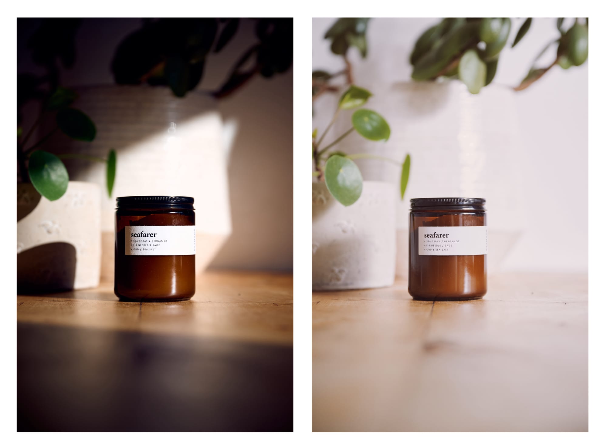 Composite of two images of the same Keynvor candle in different light conditions