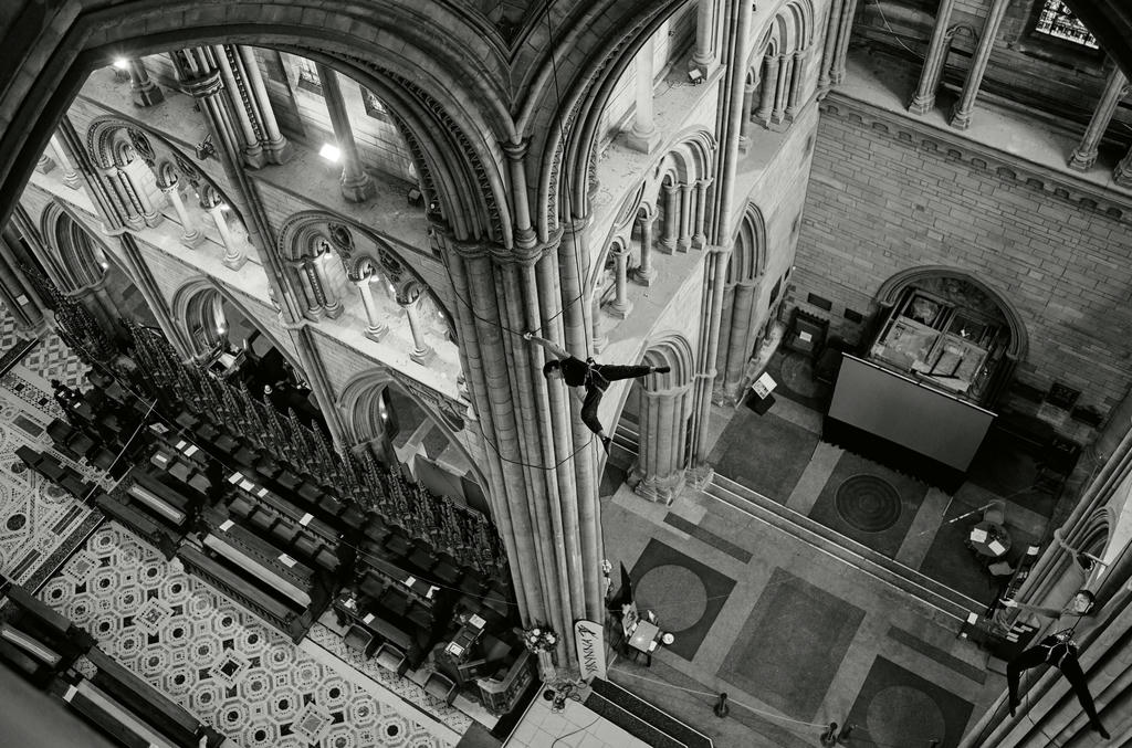 Oliver from Yskynna Vertical Dance Company warming up at rehearsal in Truro Cathedral