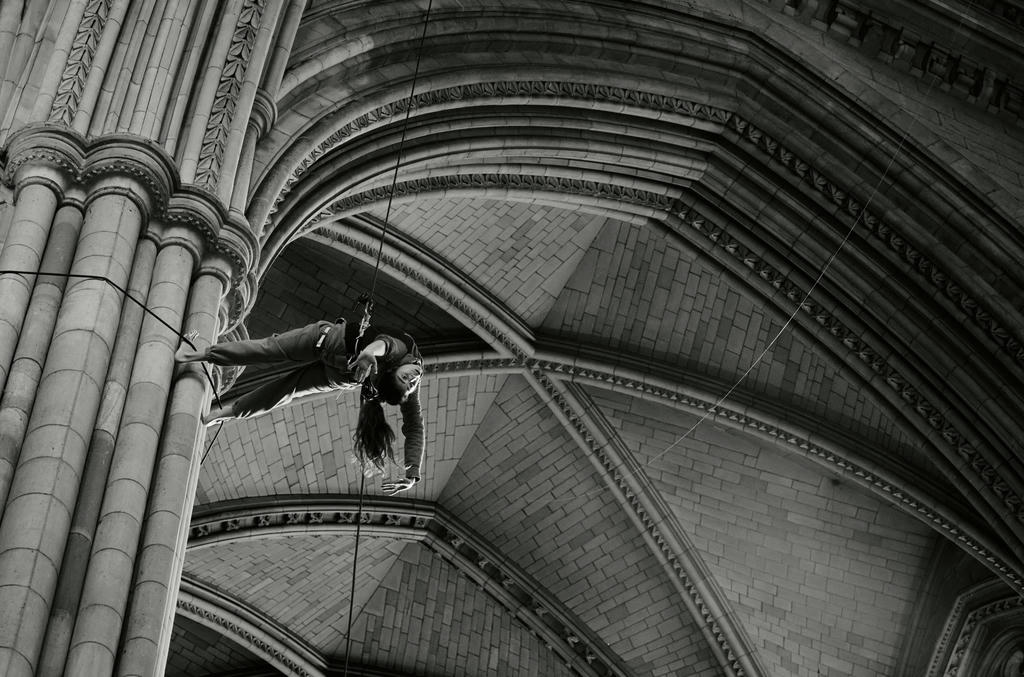 Ishita Raina from Yskynna Vertical Dance Company rehearsing in Truro Cathedral