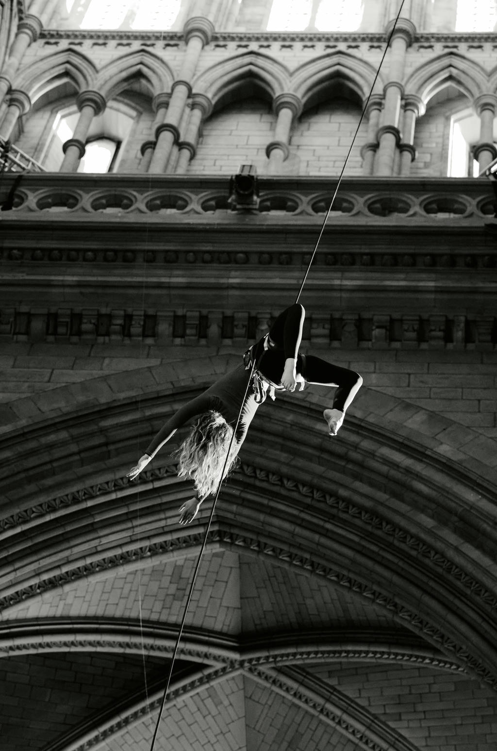 Georgie Barnett from Yskynna Vertical Dance Company rehearsing in Truro Cathedral