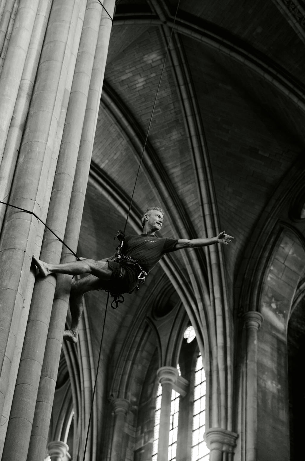 David Greeves from Yskynna Vertical Dance Company rehearsing in Truro Cathedral