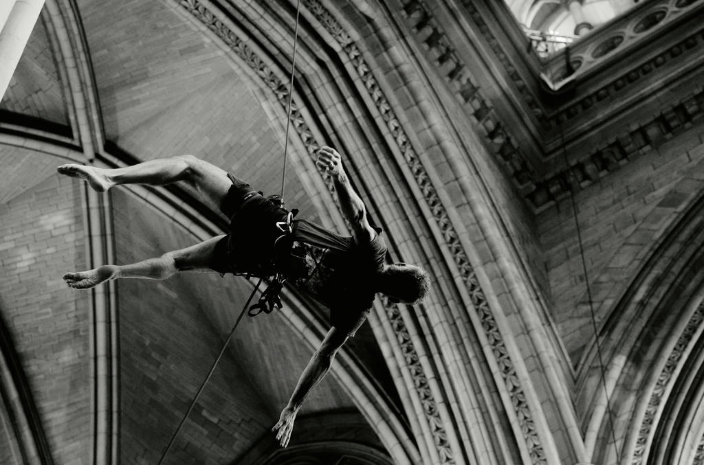 David Greeves from Yskynna Vertical Dance Company rehearsing in Truro Cathedral