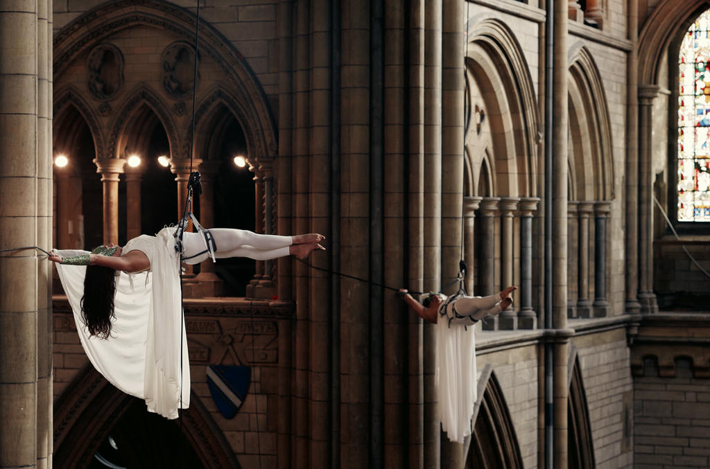 Ishita Raina and Oliver from Yskynna Vertical Dance Company rehearsing in Truro Cathedral