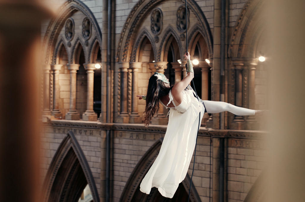 Ishita Raina from Yskynna Vertical Dance Company rehearsing in Truro Cathedral