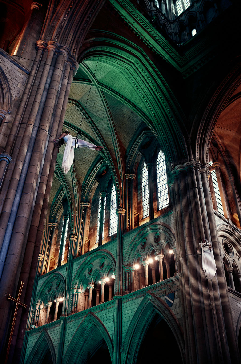 Ishita Raina from Yskynna Vertical Dance Company rehearsing in Truro Cathedral