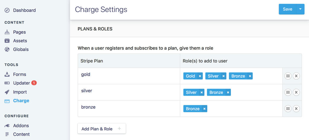 Charge settings panel